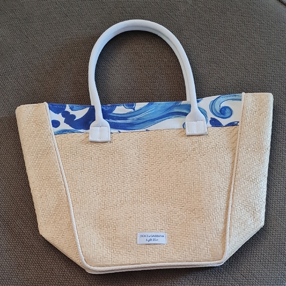 Dolce & Gabbana Mediterranean Woven Tote with Blue Wave Pattern